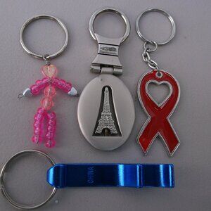 4-Piece Keychain Bundle, Paris Charm, Awareness Ribbon, Beaded Joy, Bottle Open